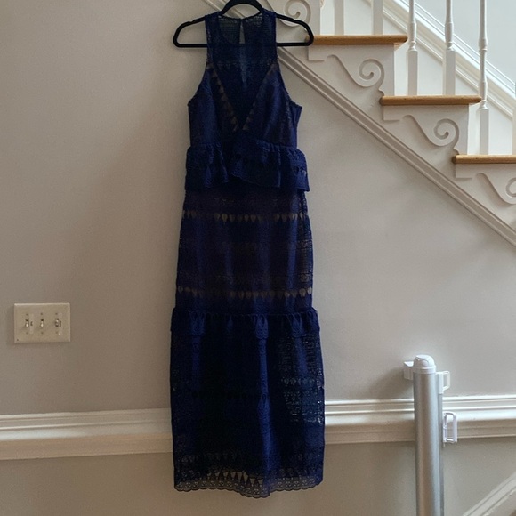 Self-Portrait Teardrop Guipure Paneled Maxi Dress in Navy Blue Structure Size 10 - Picture 5 of 17